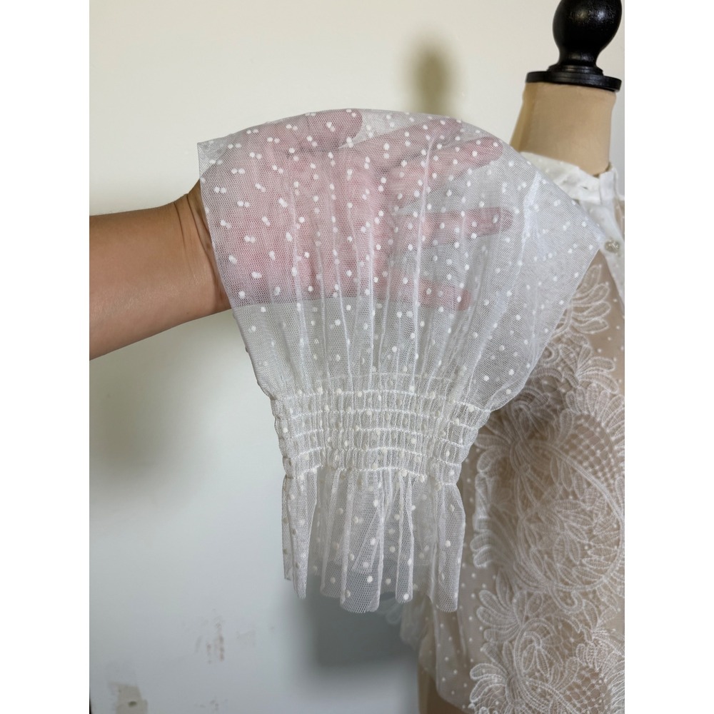 Women's White Sheer Lace Swiss Dot Blouse Small Romantic Victorian bride bridal - Picture 4 of 12